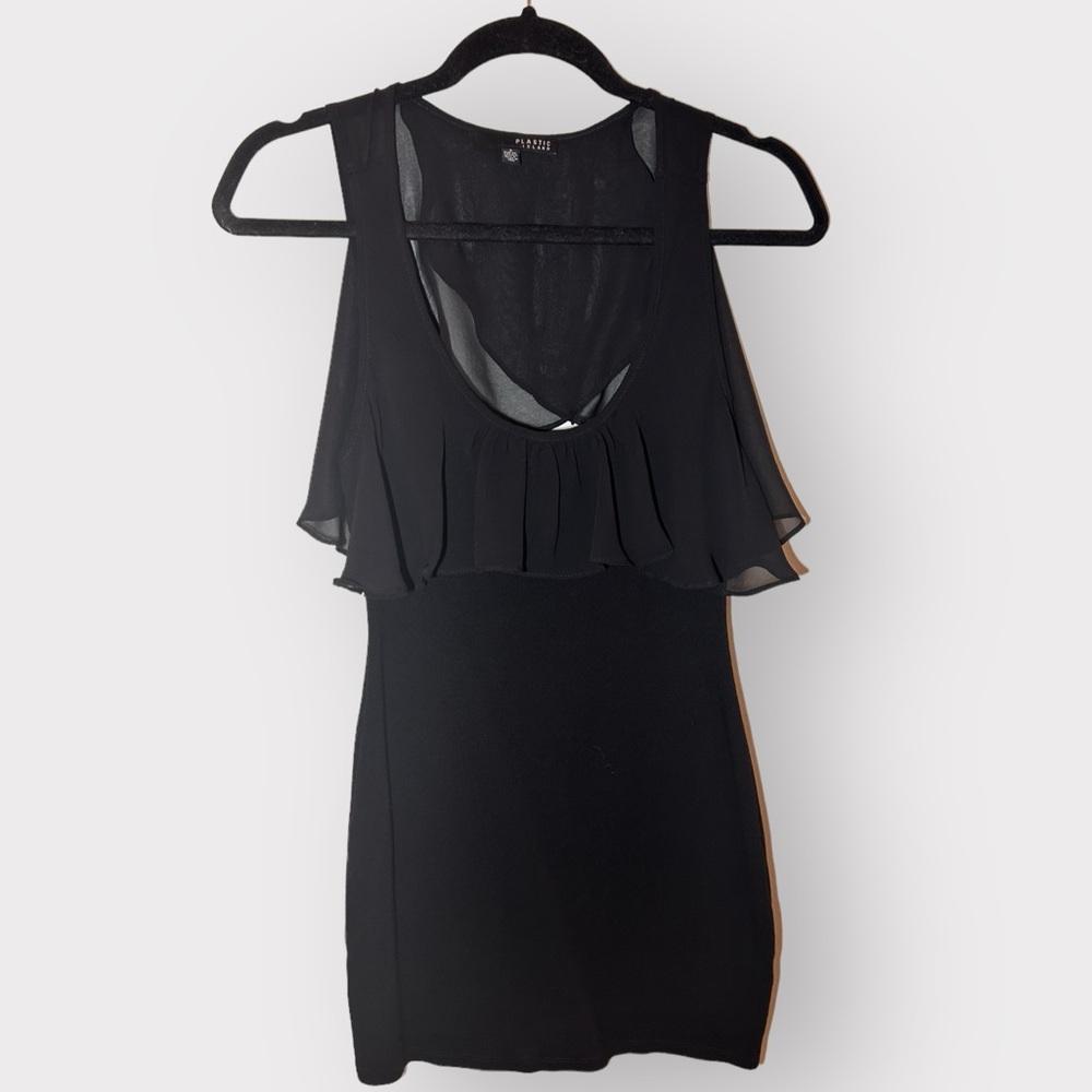Black low back mini dress with chiffon ruffle neckline